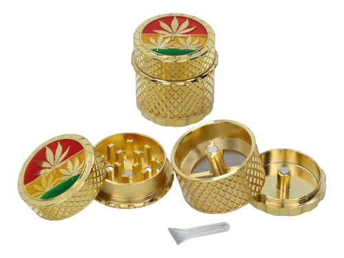 Młynek do tytoniu metalowy 4 częściowy - złoty liść II