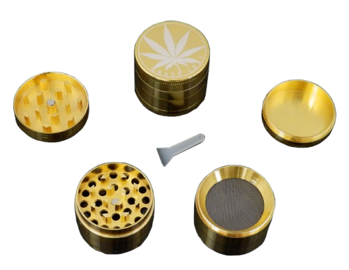 Młynek do tytoniu metalowy 4 częściowy - złoty liść III